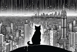 post apocalipse city, with cat, rain tattoo idea
