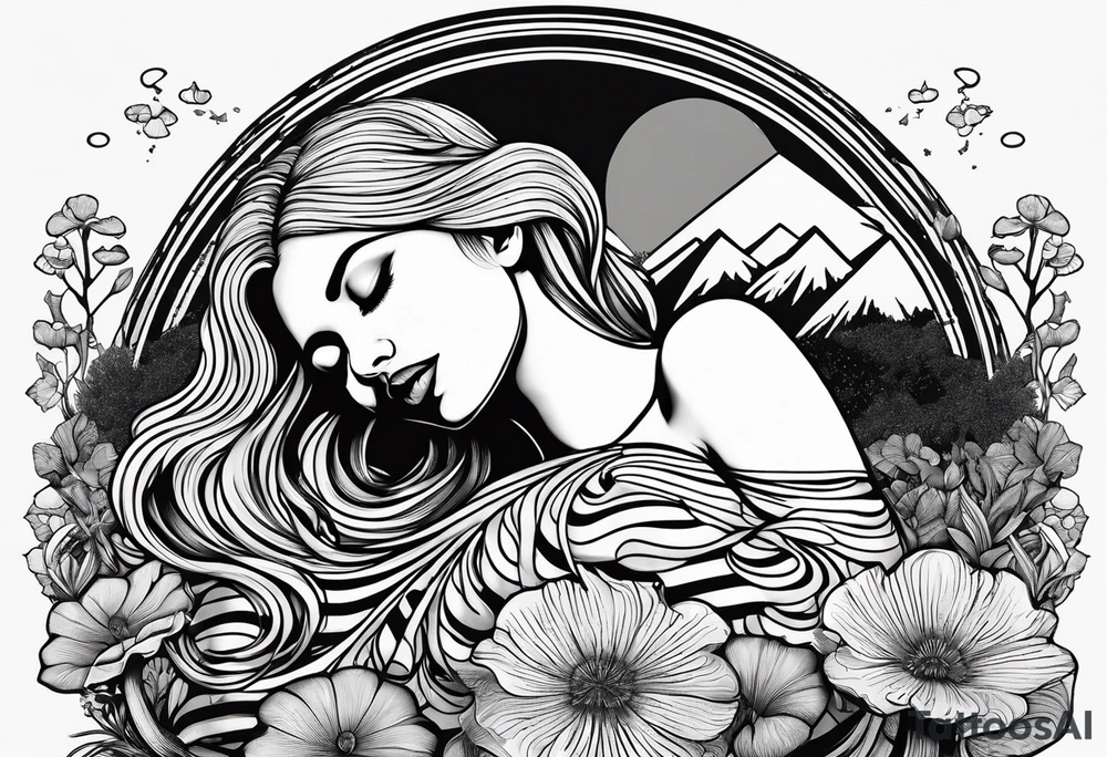 Straight blonde hair girl in black and white striped dress sleeping in a field of mushrooms with mountains s
and crescent moon mandala background tattoo idea