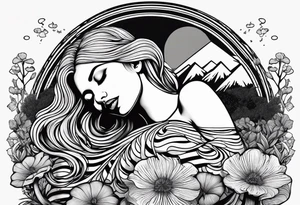 Straight blonde hair girl in black and white striped dress sleeping in a field of mushrooms with mountains s
and crescent moon mandala background tattoo idea