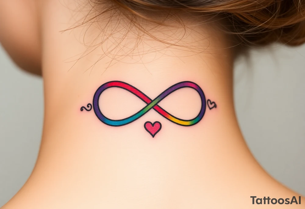 infinity symbol in rainbow colors and hearts at its ending tattoo idea