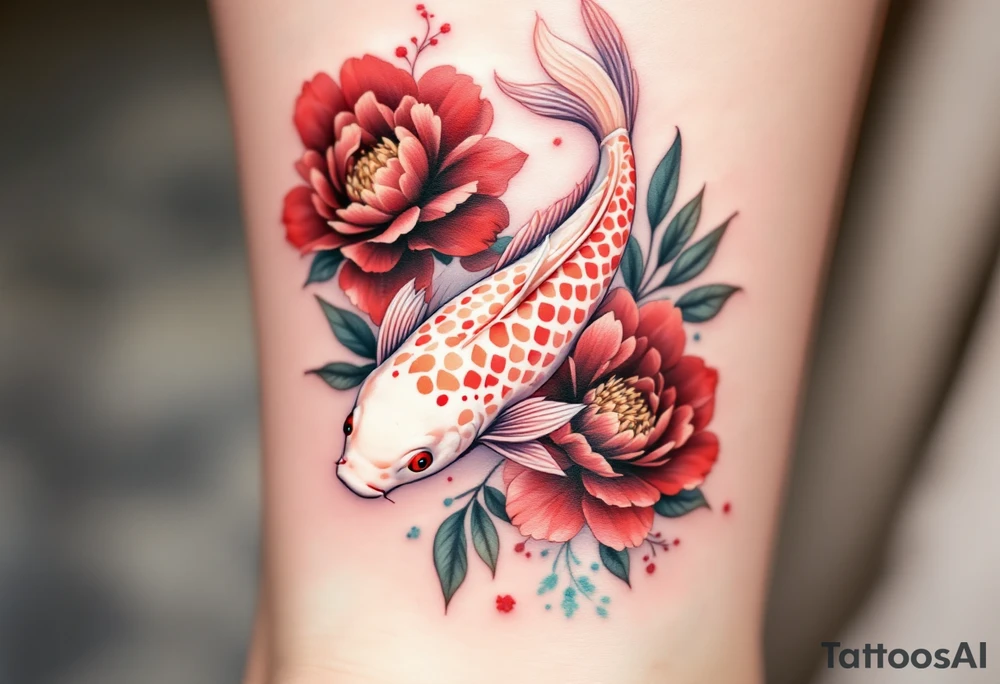 White and Red Koi with Peonies – A creamy white koi fish with red fins, gracefully weaving between lush burgundy peony blooms, representing elegance and inner strength. tattoo idea