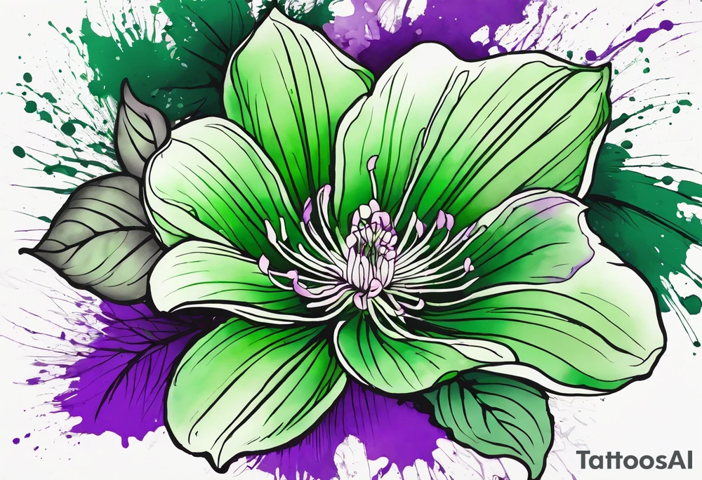 An outline of a green rio dipladenia flower and a green and purple watercolor splash in the background tattoo idea