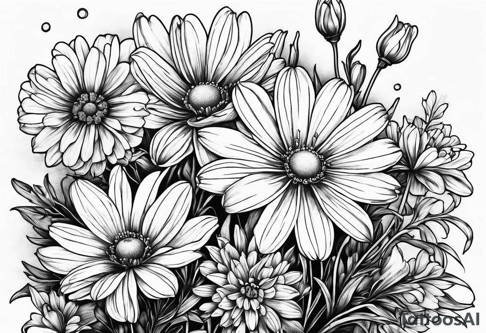 Daisy honeysuckle cosmos snowdrop tattoo idea