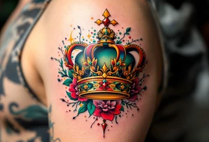 Traditional-style crown tattoos with bold red, green, and yellow ink and thick outlines. tattoo idea