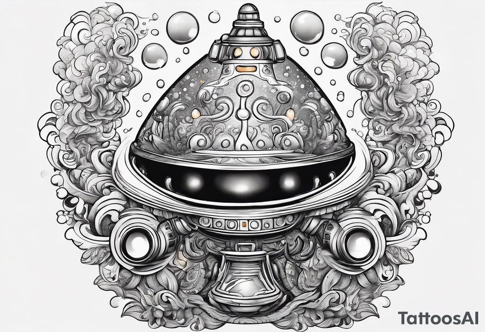 thinner rocketship with a psychedelic mushroom top with fire coming out the bottom bursting out of bubble as the bubble pops tattoo idea
