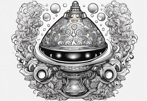 thinner rocketship with a psychedelic mushroom top with fire coming out the bottom bursting out of bubble as the bubble pops tattoo idea