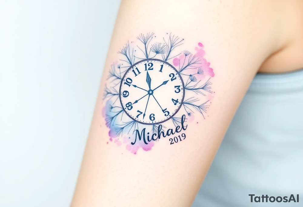 A watercolor-styled dandelion styled as a clock with date 13. 07. 2019 and name "Michael", representing fleeting time and new beginnings, in pastel blues and purples tattoo idea