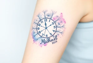 A watercolor-styled dandelion styled as a clock with date 13. 07. 2019 and name "Michael", representing fleeting time and new beginnings, in pastel blues and purples tattoo idea