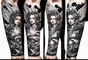 Arm sleeve with Angels with guns fighting demons below tattoo idea