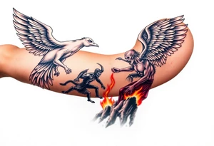 Heaven’s angels fighting hells demons. Angels flying and demons climbing up out of hell tattoo idea