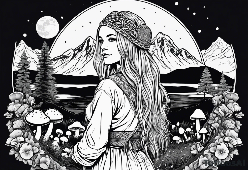 Whole picture encircled fully

Straight long blonde hair hippie girl in distance holding mushrooms in hand facing away toward mountains and creek surrounded by mushrooms long sleeve shirt and hiking pants; whole rendering within a full celtic circle, no cut off circle tattoo idea