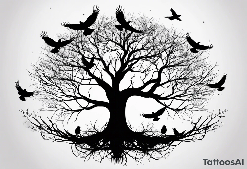 Leafless tree with a mix of birds and black birds flying by it. Make it skinnier tattoo idea
