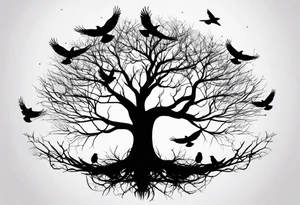 Leafless tree with a mix of birds and black birds flying by it. Make it skinnier tattoo idea
