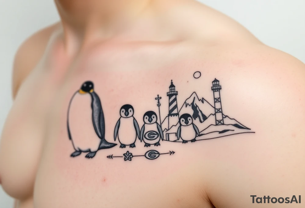 compilation outlining important things in my life such as one adult emperor penguin and 3 baby penguins, celtic trinity knot, lighthouse, mountains/nature, the green bay packers, and something to represent my 3 boys tattoo idea