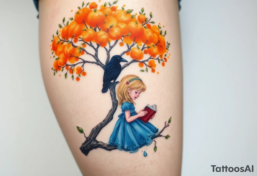 A Raven standing on the branch of an orange tree. A blond little girl wearing a blue dress reading a book under the tree. tattoo idea
