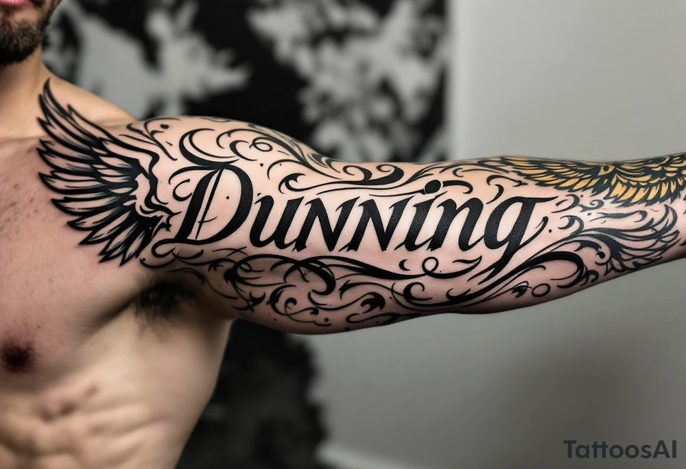 Dunning, left arm details include bold strong font, gold highlights, theme of wealth and angel wings, tattoo idea