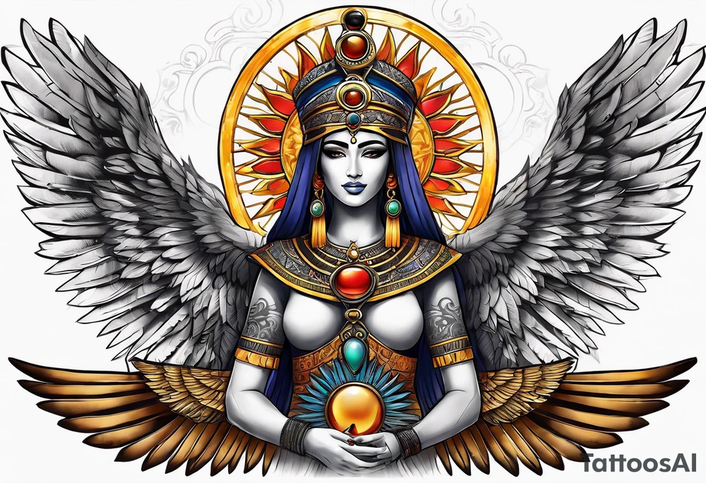Isis (top center): With wings and the sun disc on her head, holding the ankh.
arm tatto tattoo idea