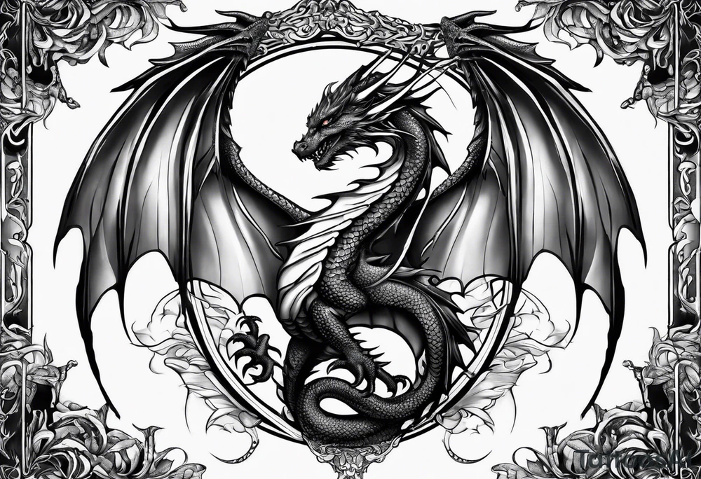 Mother dragon wings spread with 3 baby dragons tattoo idea