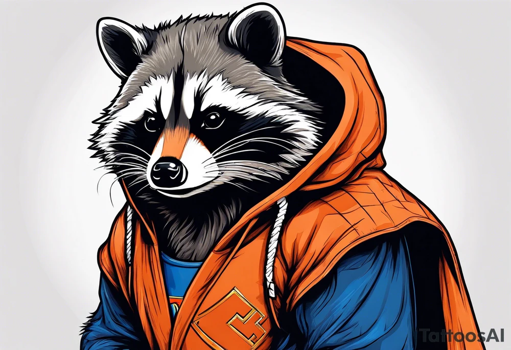 Raccoon wearing an orange Superman hoodie tattoo idea