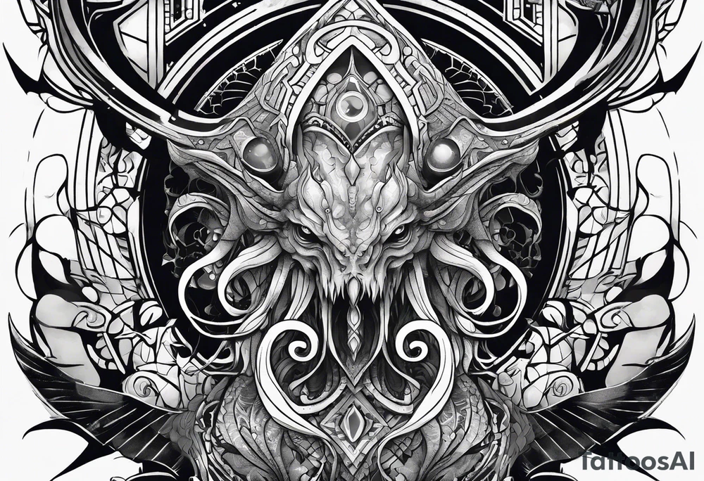 Lovecraftian creature, flowing into more futuristic technology elements. Half sleeve on arm. tattoo idea