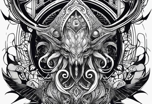 Lovecraftian creature, flowing into more futuristic technology elements. Half sleeve on arm. tattoo idea