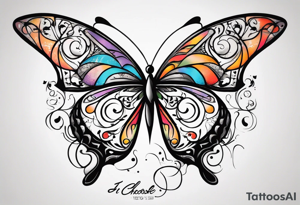 butterfly with one wing black scribbles, the other wing beautiful and colorful, the body has the date 1.9.2023 and the words written "I chose to live." tattoo idea