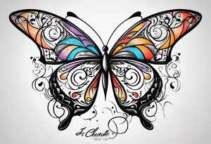 butterfly with one wing black scribbles, the other wing beautiful and colorful, the body has the date 1.9.2023 and the words written "I chose to live." tattoo idea