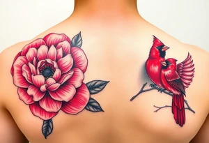 pink peony flowers with bold coloring highlighting reds and whites; and a feminine but boldly colored male and female cardinal birds tattoo idea