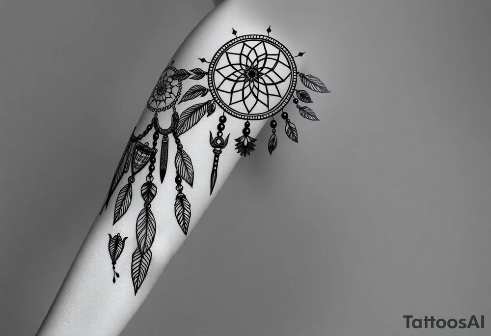 native dreamcatcher with flowing feathers and sacred beads tattoo idea