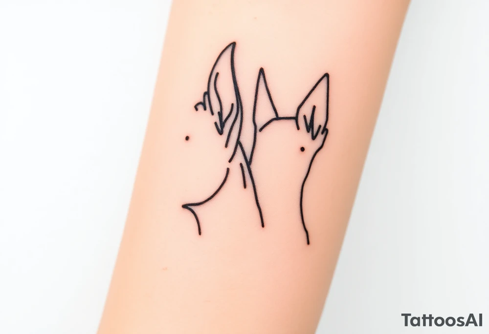 outline of pitbull ears, next to the outline of austrailian cattle dog ears, as they look off into the sunset tattoo idea