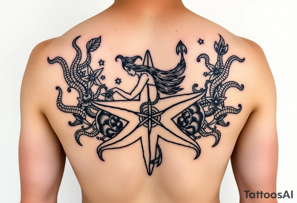 Mermaid in a lagoon sea star bra tattoo idea