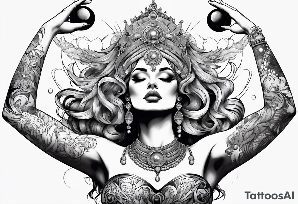 Woman , hands over head , holding orb of creation above head tattoo idea