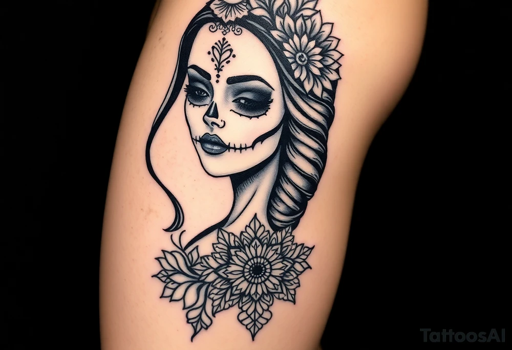 Eine sehr realistisch aussehende moderne la Catrina auf dem gesamten forderten Oberschenkel verbunden mit einem mandala auf dem Knie tattoo idea