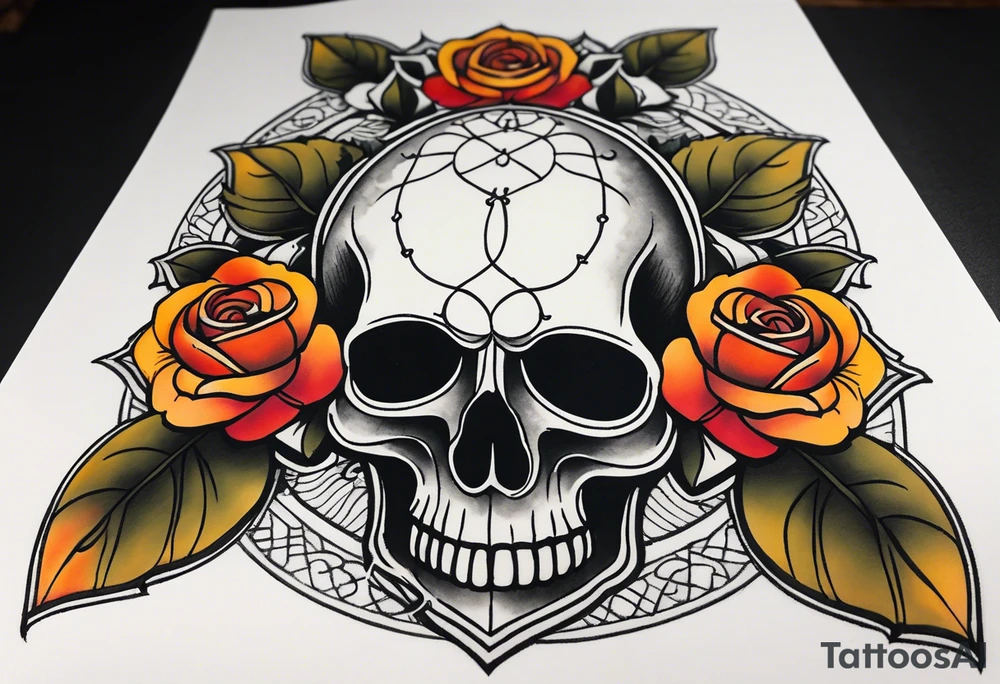 traditional Knee tattoo in fall colors showing a large skull with a rose in the style of Mark Mahoney tattoo idea