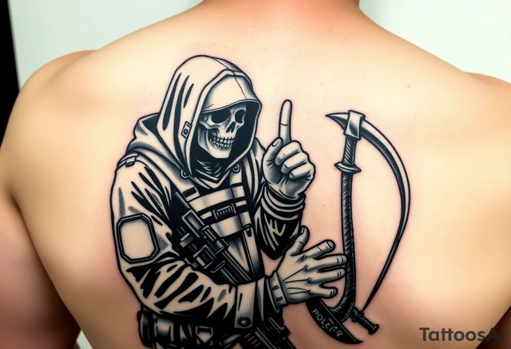 Special forces combat medic treating a soldier while he puts his middle finger up at the grim reaper tattoo idea