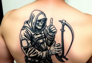 Special forces combat medic treating a soldier while he puts his middle finger up at the grim reaper tattoo idea