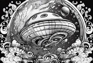 thinner rocketship with a psychedelic mushroom top with fire coming out the bottom bursting out of bubble as the bubble pops tattoo idea