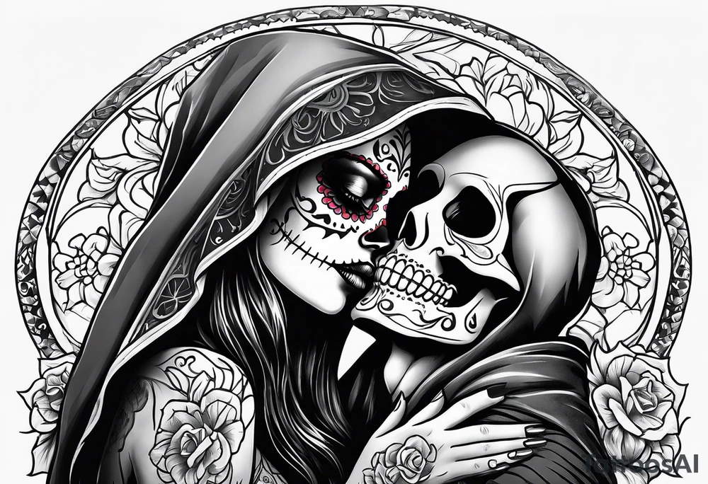 Day of the dead woman kissing grim reaper tattoo idea