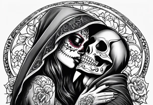 Day of the dead woman kissing grim reaper tattoo idea