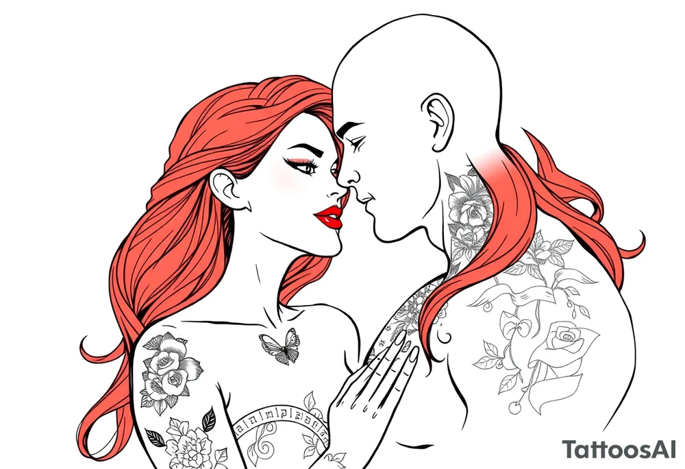 Woman with long red hair and red lipstick with lots of tattoos with  a bald muscular white man with tattoos getting married tattoo idea