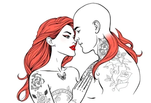 Woman with long red hair and red lipstick with lots of tattoos with  a bald muscular white man with tattoos getting married tattoo idea