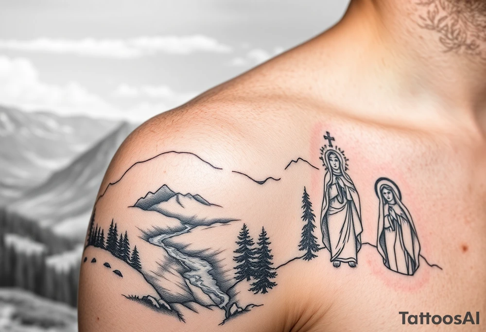 Mountainous valley with creek and a few trees with a Russian orthodox kazan scene covering my shoulder entering my upper arm with a Russian orthodox Virgin Mary tattoo idea