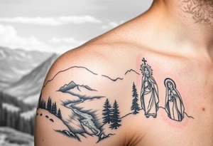 Mountainous valley with creek and a few trees with a Russian orthodox kazan scene covering my shoulder entering my upper arm with a Russian orthodox Virgin Mary tattoo idea