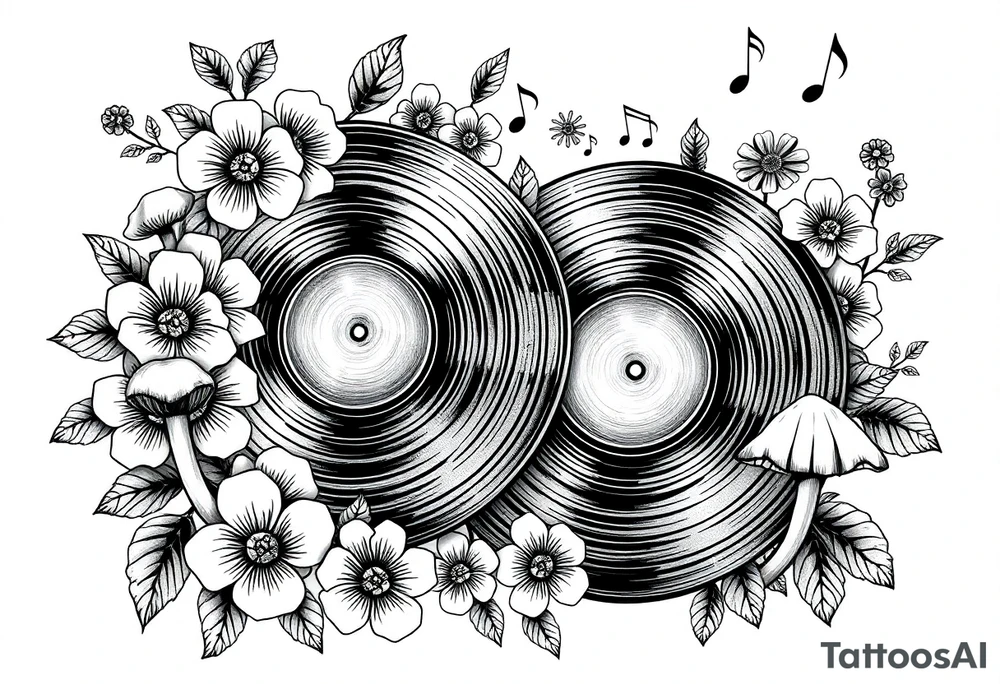 two vinyl records surrounded by flowers, mushrooms, and music notes tattoo idea