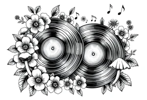 two vinyl records surrounded by flowers, mushrooms, and music notes tattoo idea