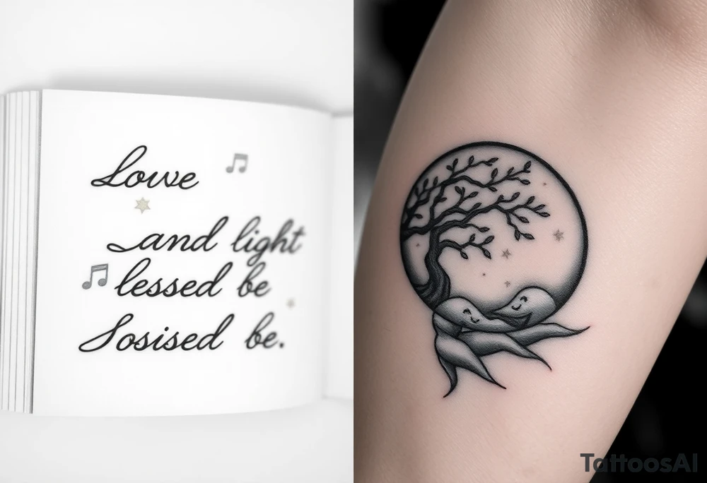 I want an open book and scripted on the left side of the pages and love and light blessed be on the right side of the pages the name tichica with the tree of life growing through the pages music notes dancing around it a crescent moon on the right side with a starry night background and dark clouds tattoo idea