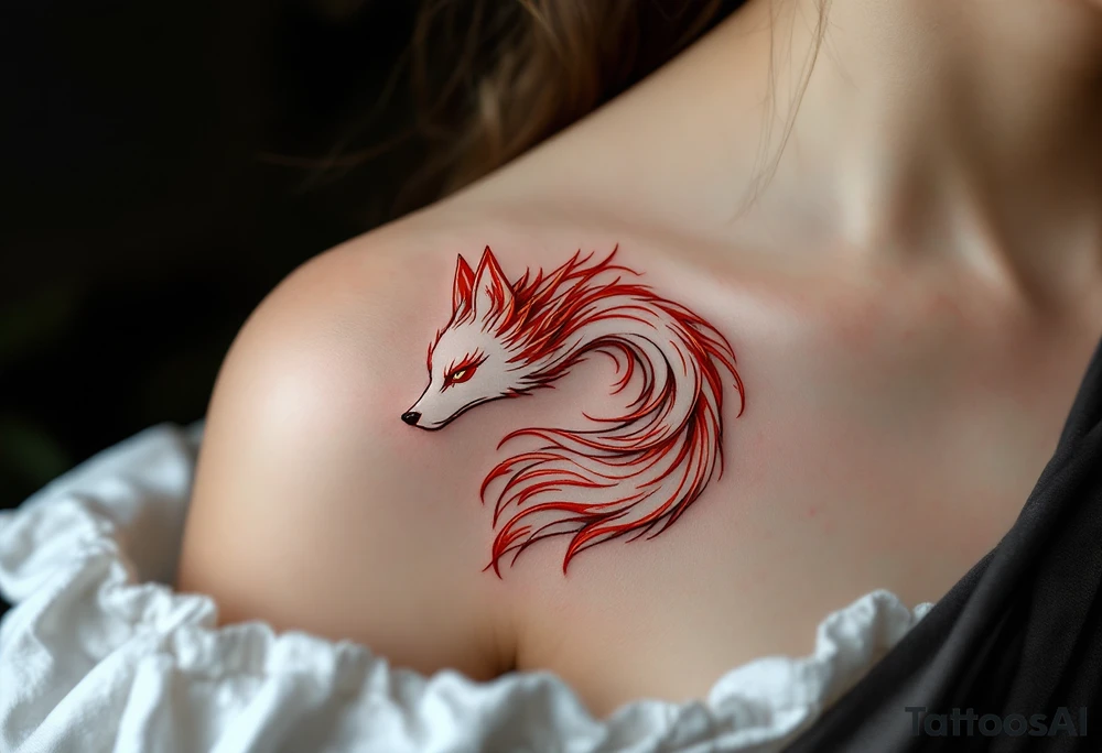 A white kitsune (fox spirit) with red markings and nine flowing tails edged in gold. tattoo idea
