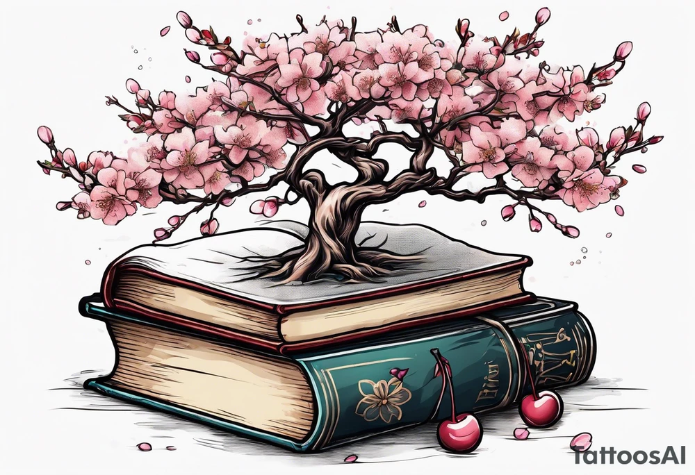 Cherry blossom tree growing out of a stack of books tattoo idea