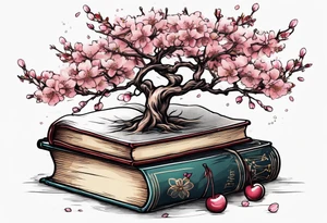 Cherry blossom tree growing out of a stack of books tattoo idea