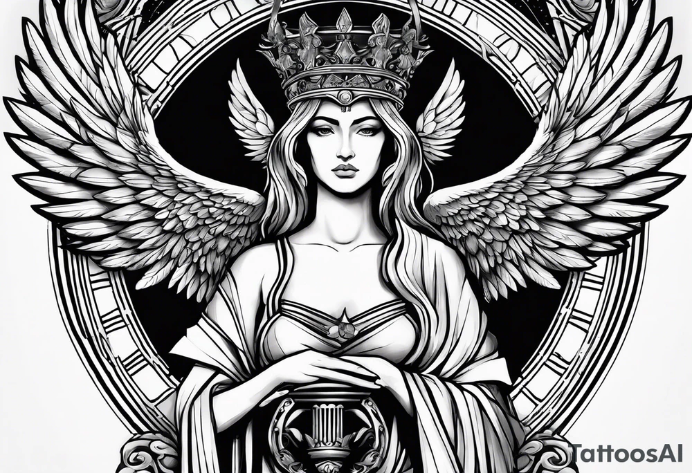 Imagine goddess Justitia with two wings, one angelic, one raven-like. She holds a scale. There is a banderole wrapped around her body with the expression „MEMENTO VIVERE“ on it. tattoo idea